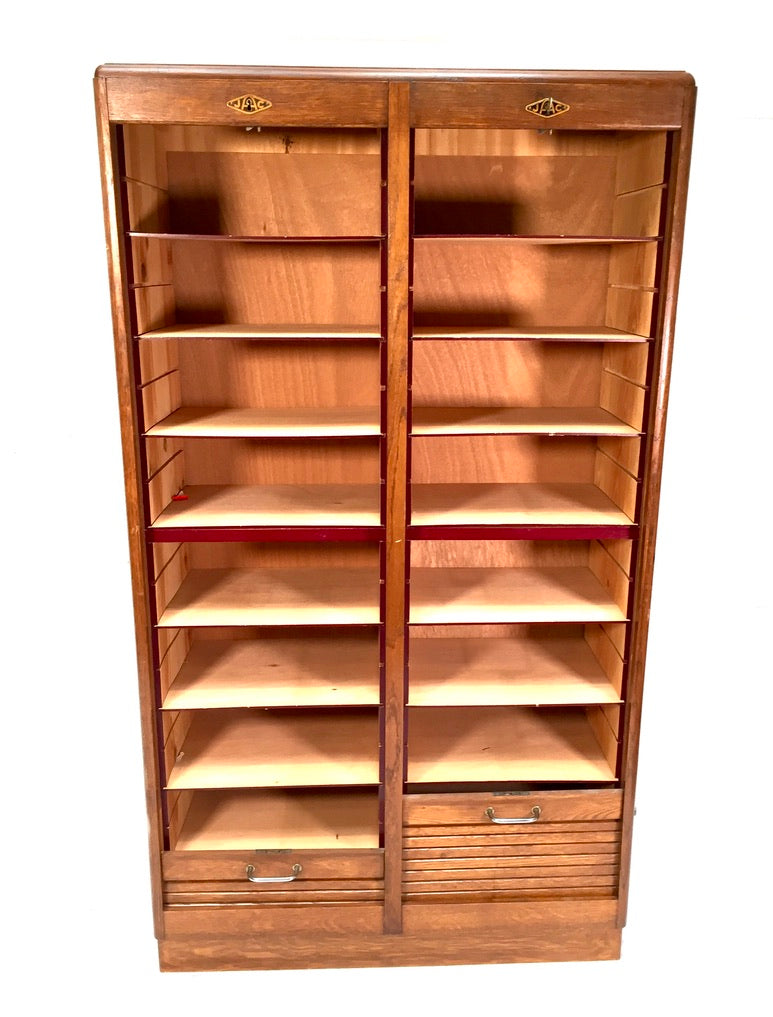 Antique 1930s Wood Oak Double Tambour Fronted Office Paper Filing Cabinet & Key