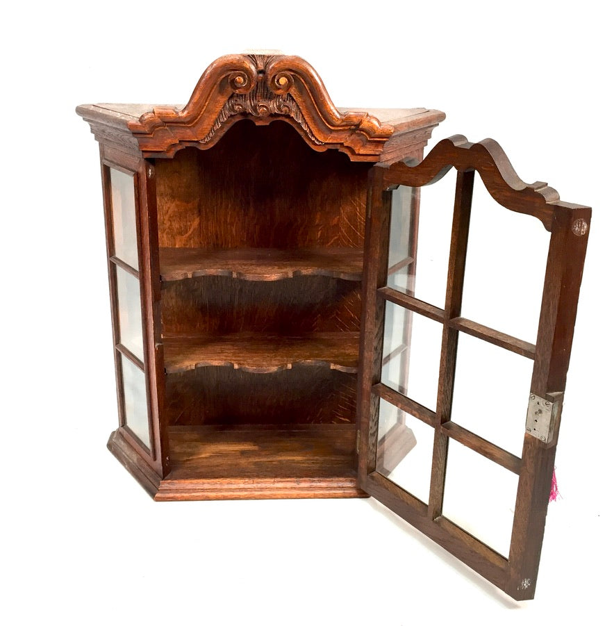 Antique Wooden Oak & Glass Wall Hanging Display Cabinet Storage Shelf with Key