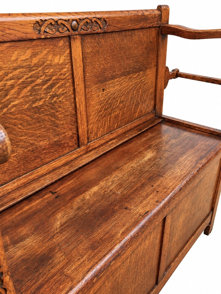 Antique Early 20th Century Oak Wooden Entrance Hall Monks Bench / Storage Seat
