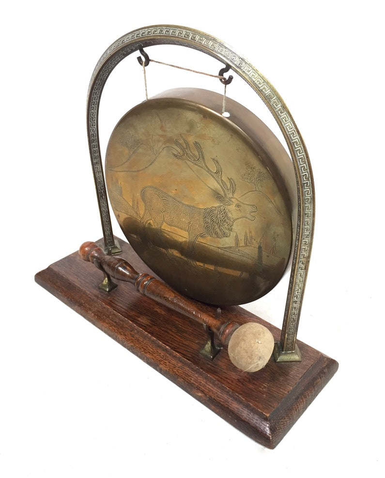Vintage Tabletop Stag Design Brass Dinner Gong Oak Stand & Mallet Antique c.1950