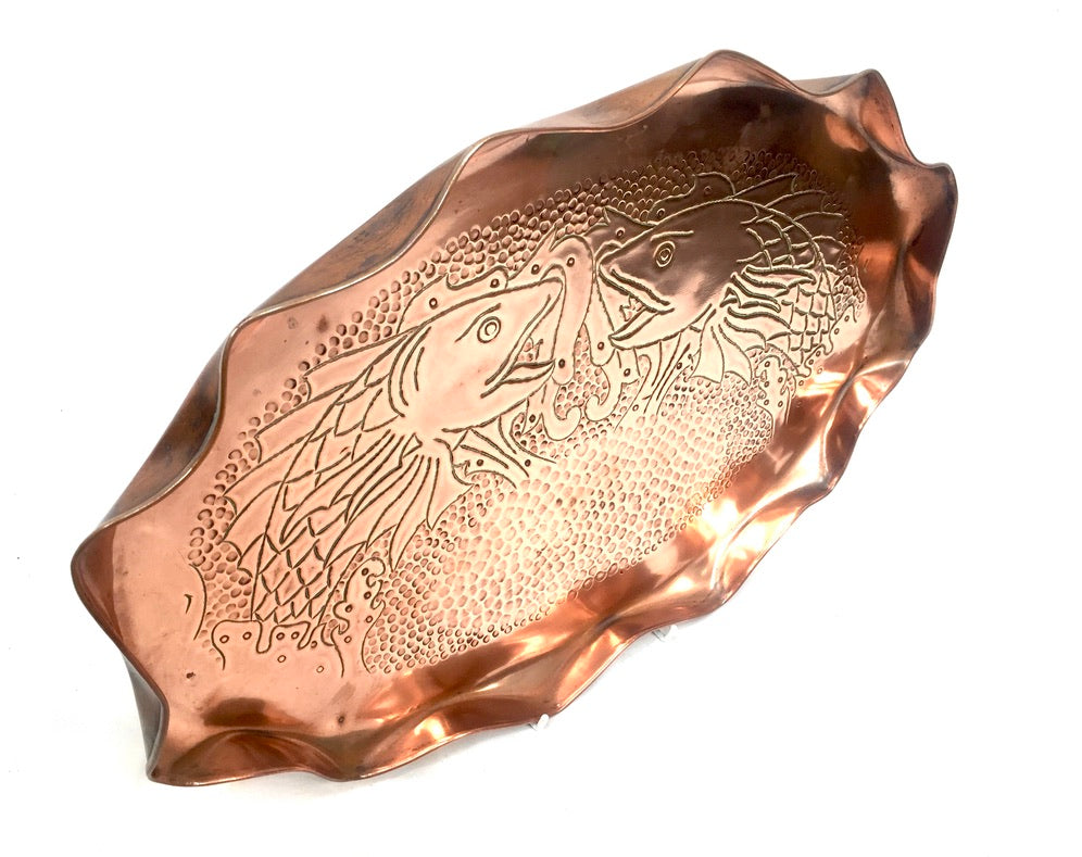 Antique Large Arts & Crafts Copper Tray with Fluted Edge & Fish Design c.1900