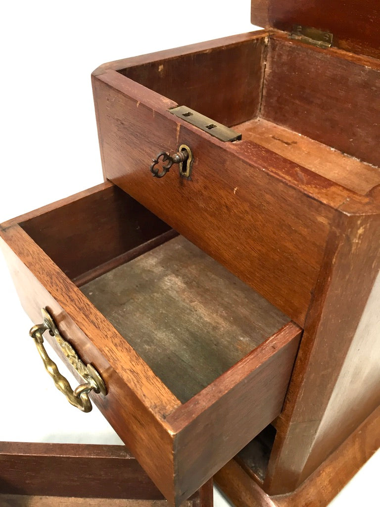 Antique Tabletop Wooden Chest of Drawers / Storage Box / Cabinet with Key