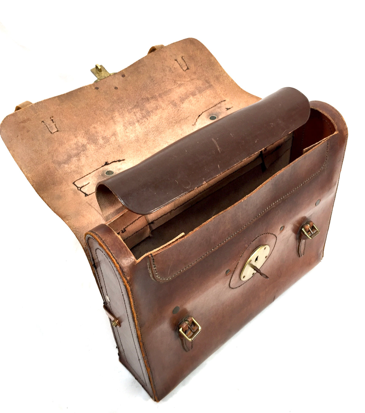 Antique Mid 20th Century Brown Leather Lloyds Bank Briefcase Bag With Key c1950