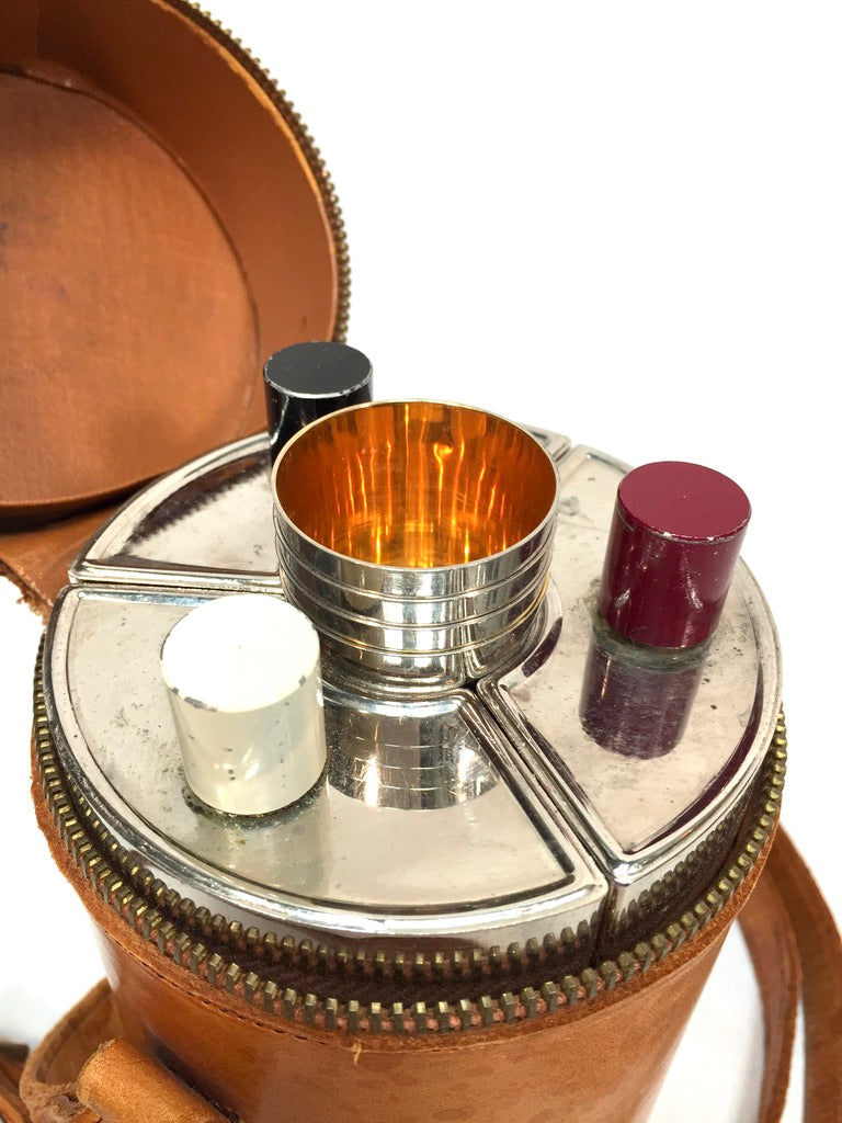 Antique Deco Metal Bottle Hip Flask Set in Original Leather Travel Case c.1930