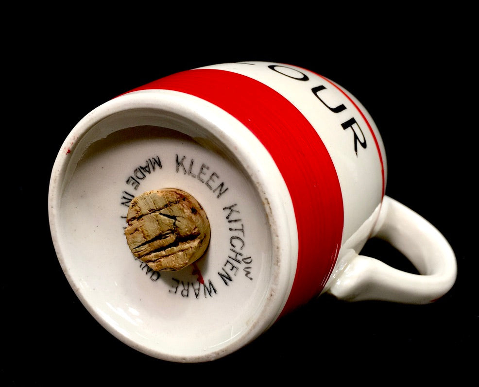 Antique Kitchenalia - Red & White Kleen Kitchen Ware Ceramic Flour Shaker c.1950