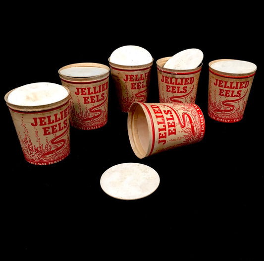 Antique Advertising - 1930s Six Waxed Paper Cartons with Lids for Jellied Eels