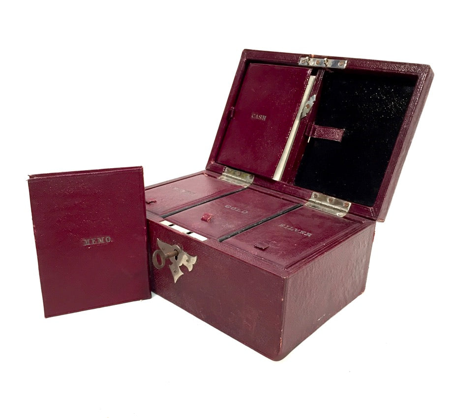 Antique Edwardian Leather Tabletop Cash Box / Jewellery Cabinet with Key c.1910