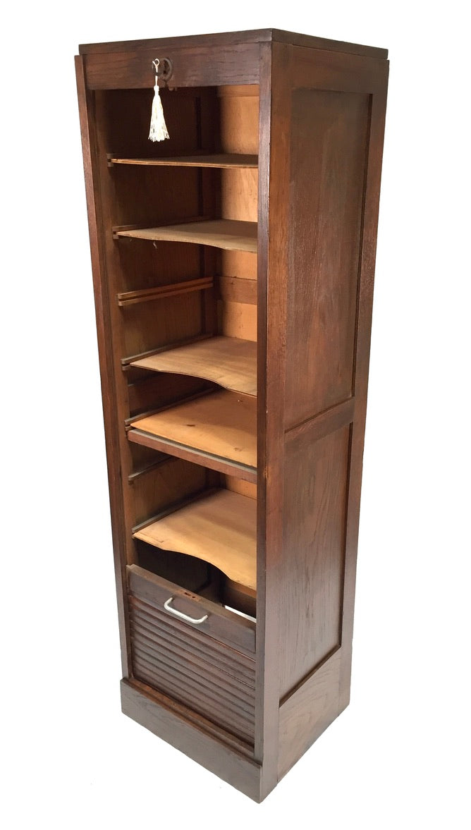 Antique 1950s Wooden Oak Tambour Fronted Office Paper Filing Cabinet with Key
