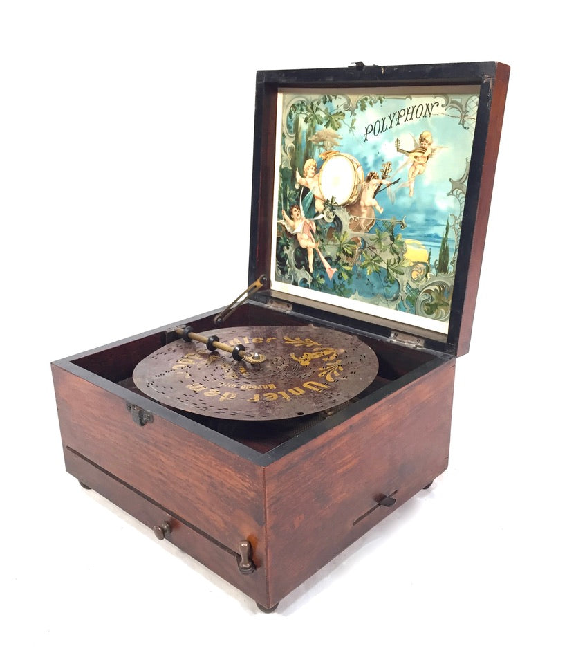 Antique Tabletop Wooden Walnut Cased Polyphon Music Box / Working Discs c.1901