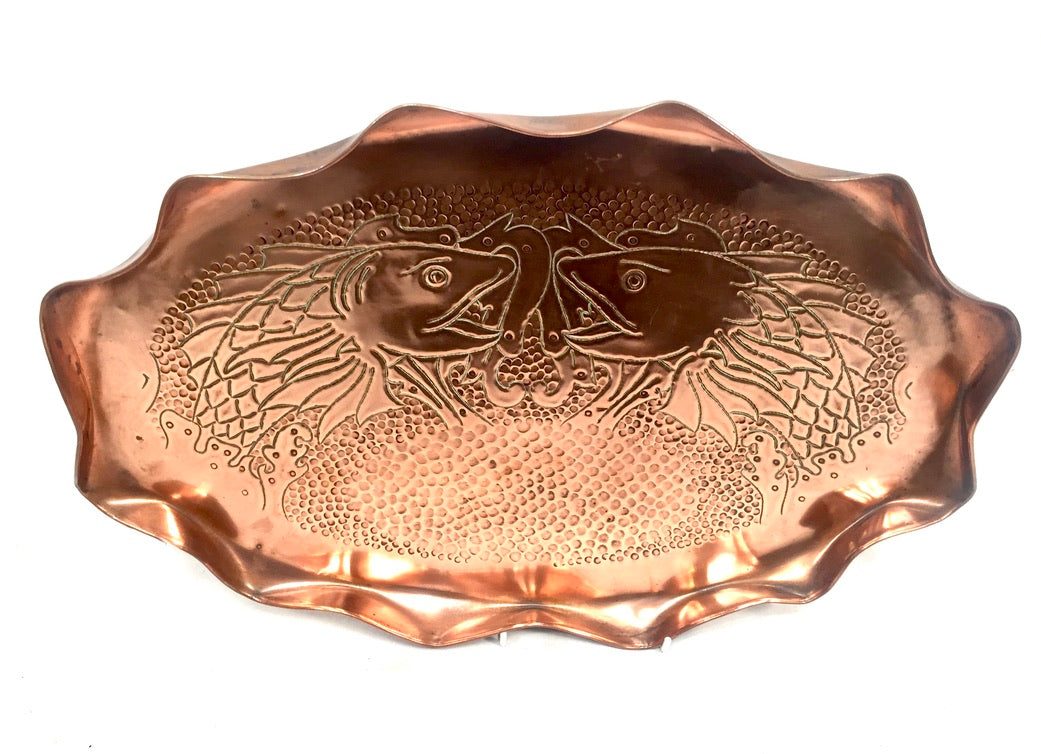Antique Large Arts & Crafts Copper Tray with Fluted Edge & Fish Design c.1900
