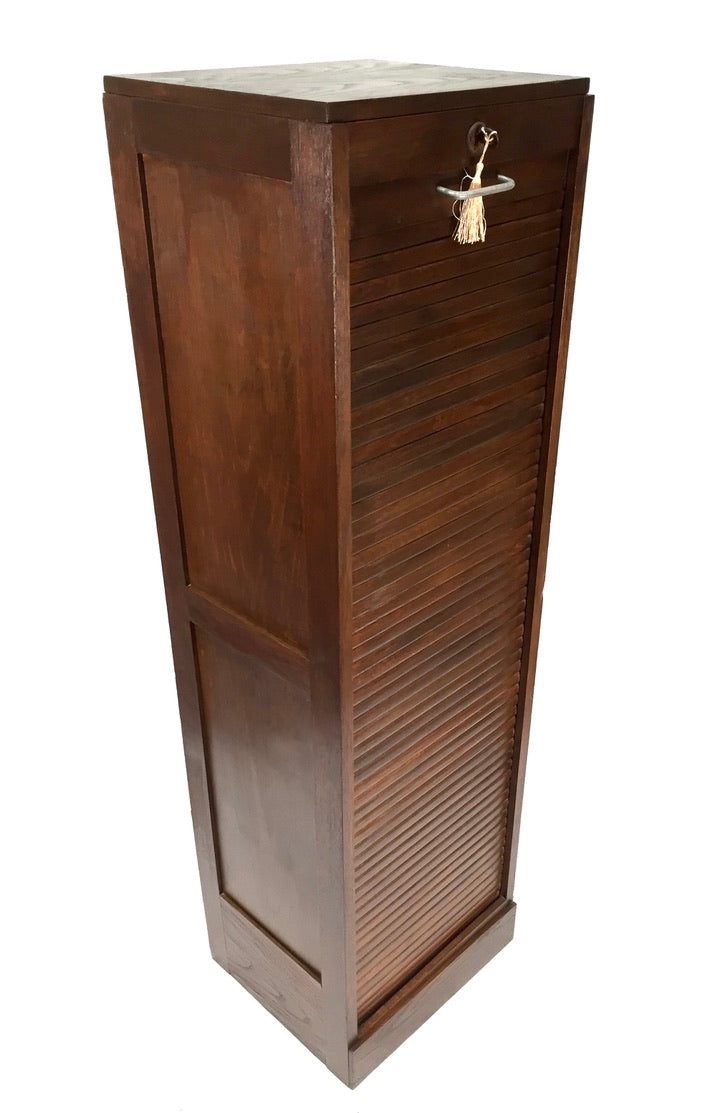 Antique 1950s Wooden Oak Tambour Fronted Office Paper Filing Cabinet with Key