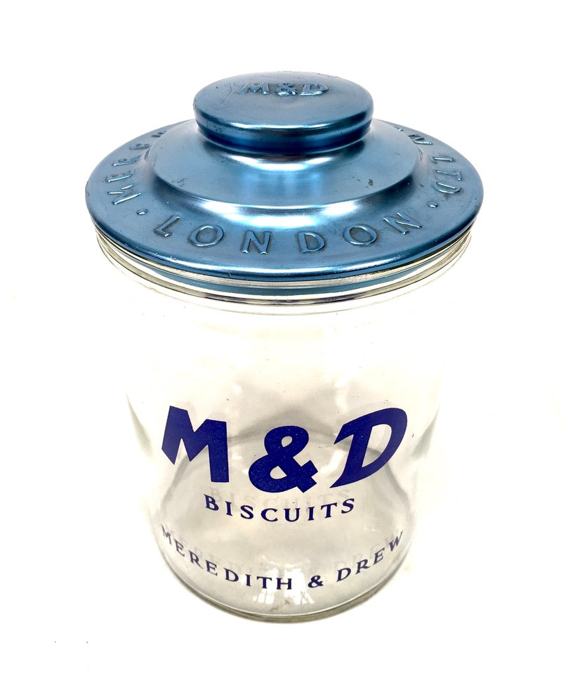 Antique Advertising - Shop Display Glass Meredith & Dew Biscuit Jar & Blue Lid