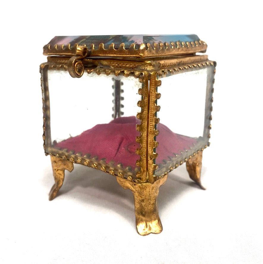 Antique Brussels Souvenir Miniature Casket / Glass Ring Box / Jewellery Box