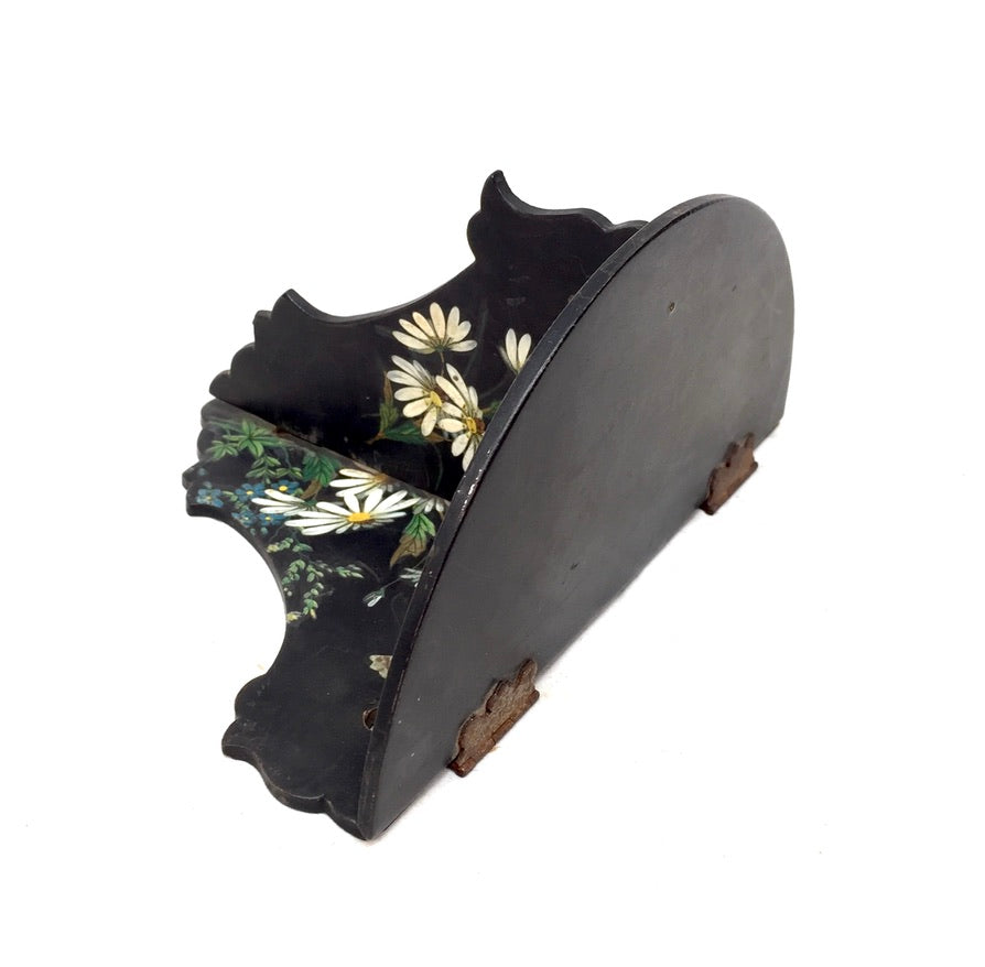 Antique Victorian Black Ebonised Wooden Hand Painted Folding Wall Shelf c.1900