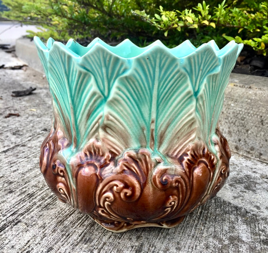 Antique New Leaf Green & Brown Pottery Majolica Planter Indoor Plant Pot 1900