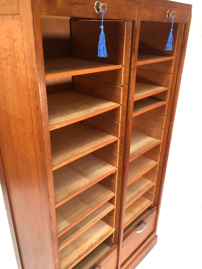 Antique 1950s Wood Oak Double Tambour Fronted Office Paper Filing Cabinet & Keys