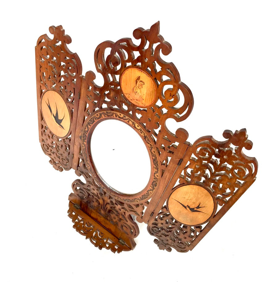 Antique Tabletop Hand Carved Wooden Sorrento Ware Triptych Vanity Mirror c.1900