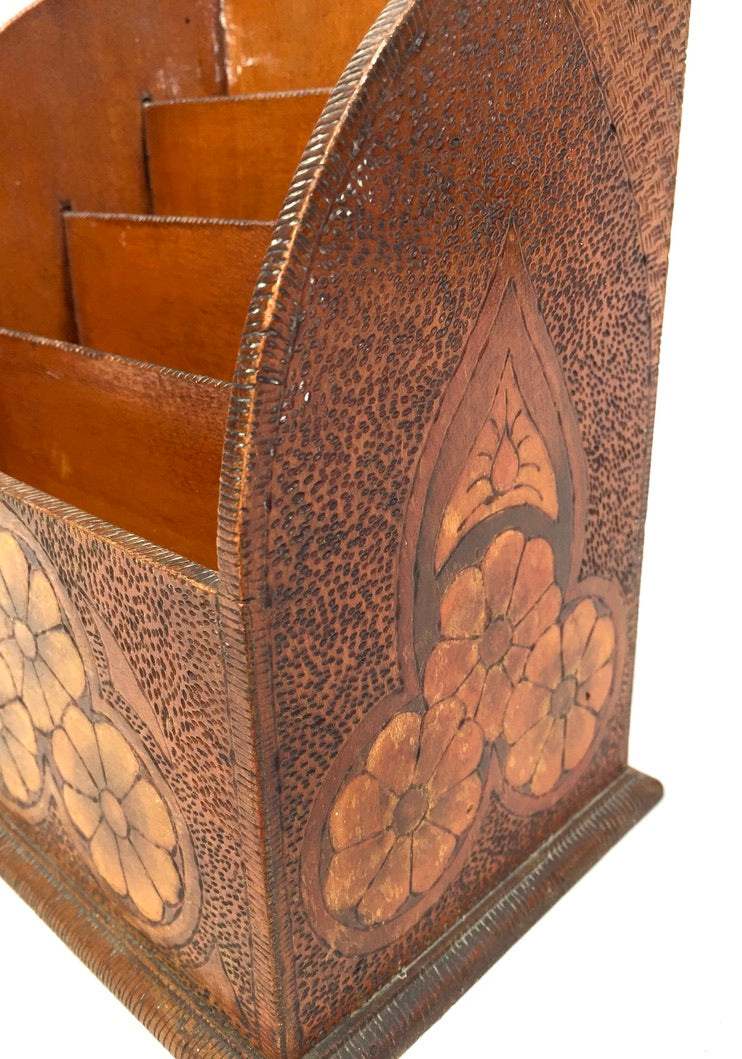 Antique Wooden Desktop Letter Rack / Stationery Holder with Poker Work Design