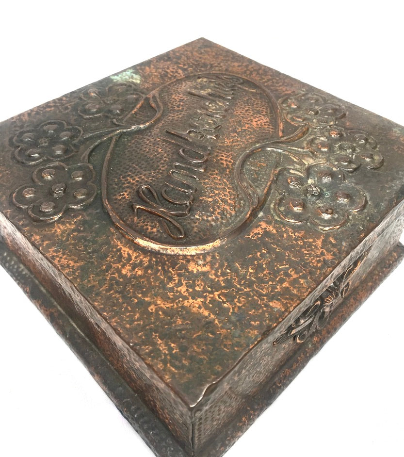 Antique Arts & Crafts Repousse & Hammered Copper Handkerchief Box c.1930