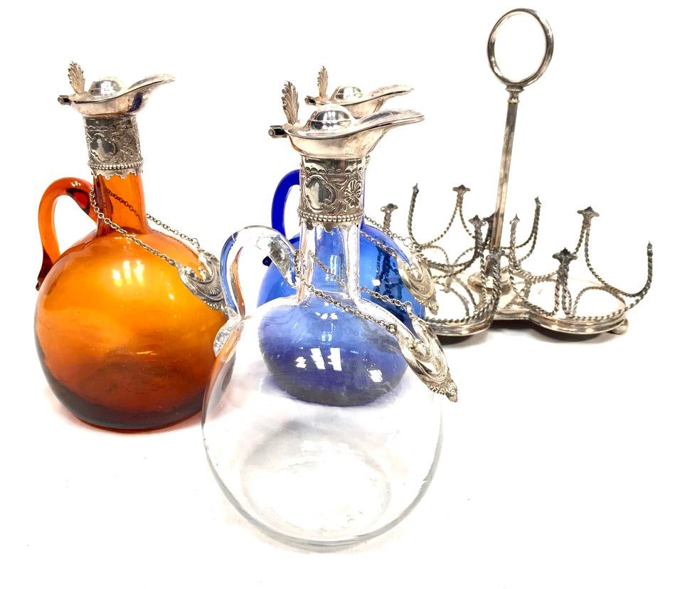 Antique Victorian Blue, Brown and Clear Glass Flagon Decanter Set Display Stand