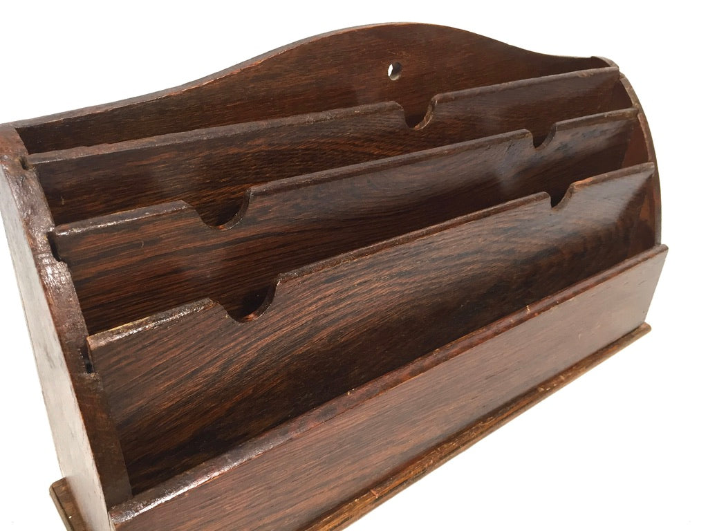 Antique Wooden Oak Desktop Letter Rack / Stationery Holder / Mid 20th Century