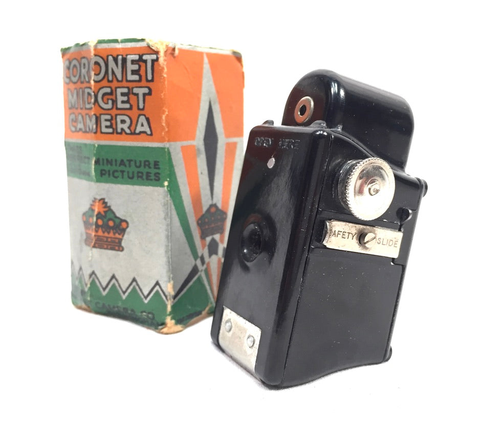 Antique Art Deco Coronet Black Midget Subminiature Camera in Original Box c.1930