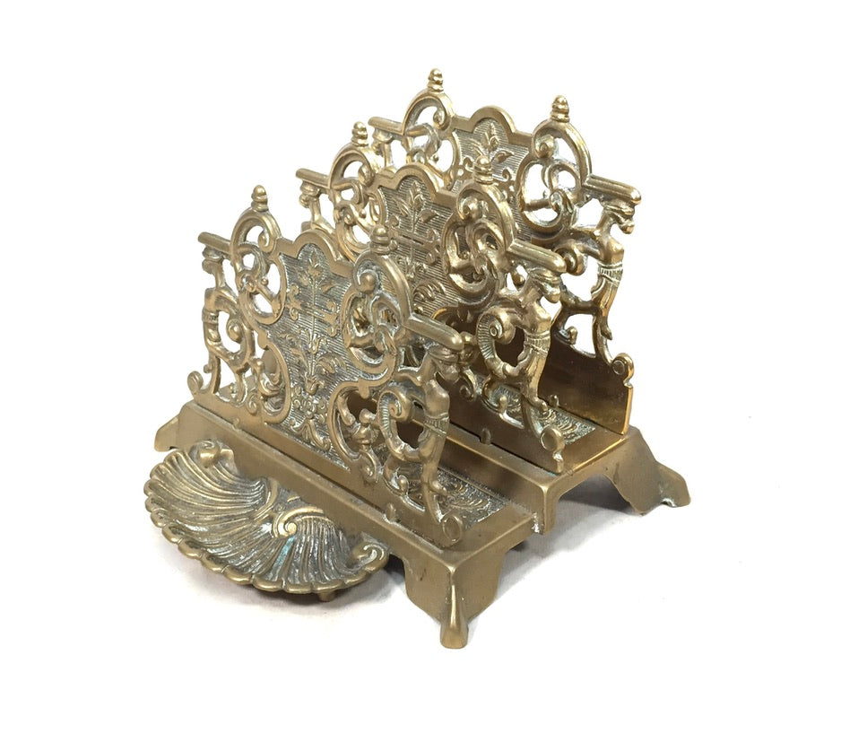 Antique Early 20th Century Ornate Brass Desktop Letter Holder Rack c.1930