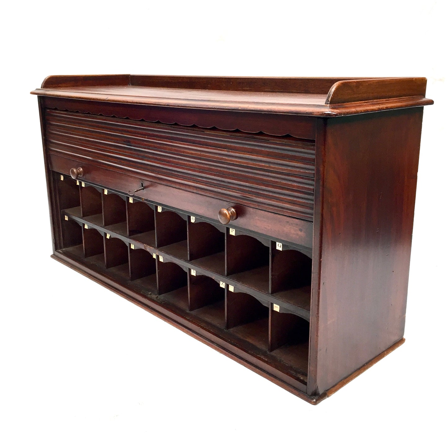 Antique Wooden Tambour Fronted Cabinet Pigeon Hole Stationery Box with Key c1930