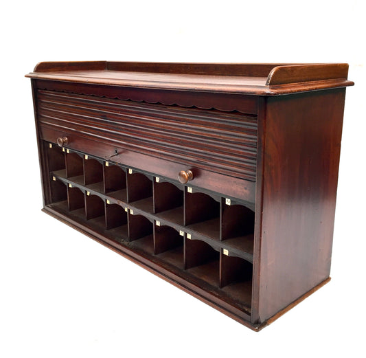 Antique Wooden Tambour Fronted Cabinet Pigeon Hole Stationery Box with Key c1930