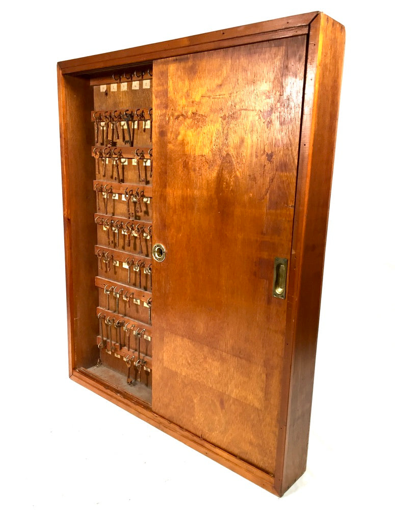 Antique 1930s Large Wall Hanging Wooden Hotel Key Storage Cabinet / Cupboard