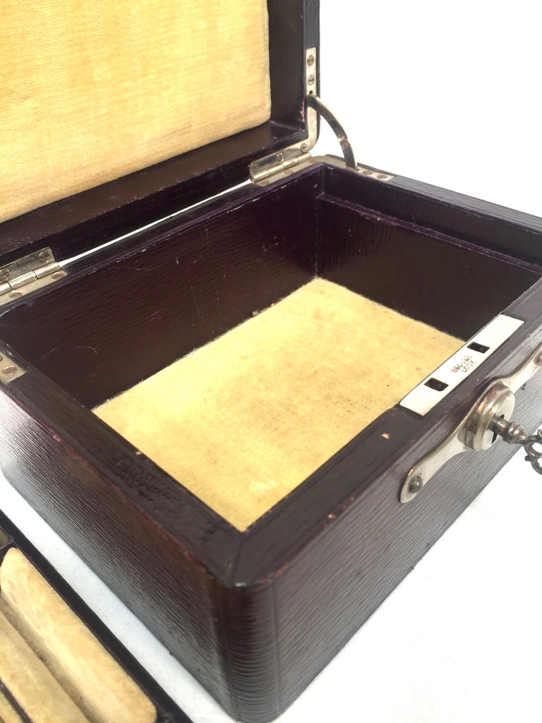 Antique Edwardian Leather Jewellery / Trinket Box with Key &amp; Working Lock c.1910