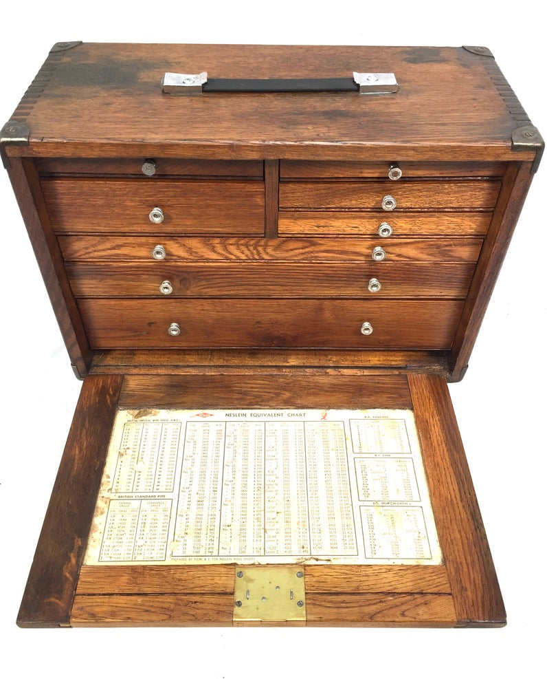 Antique Wooden Engineers Toolbox Tool Box Collectors Cabinet by Neslein with Key