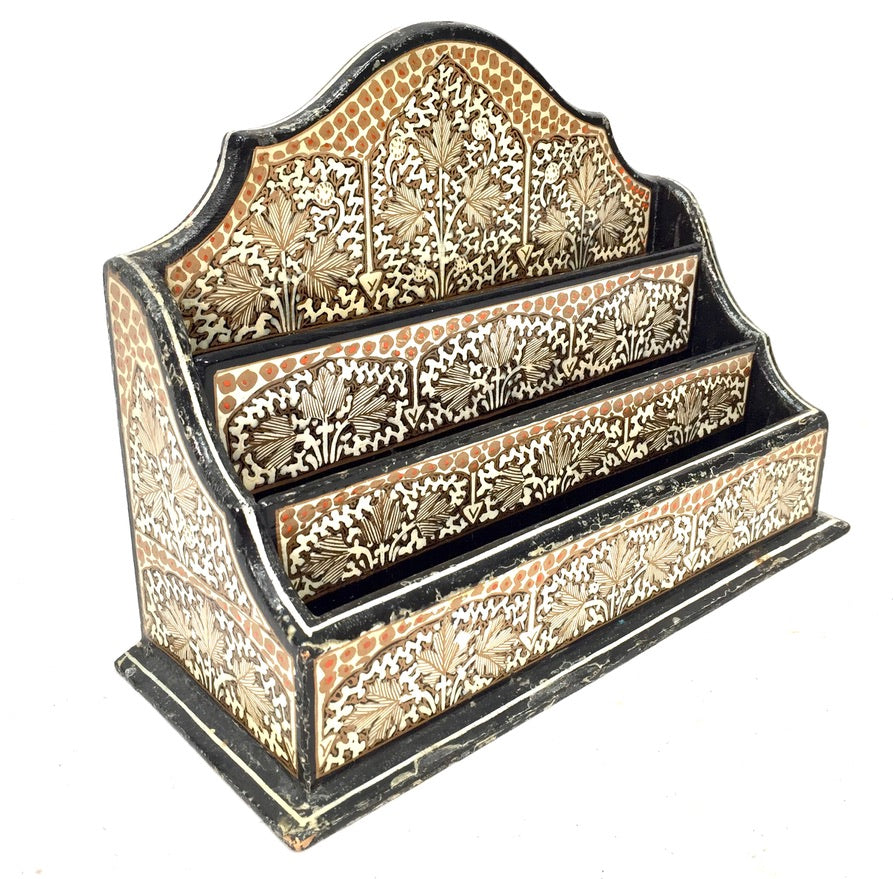 Vintage Wooden Kashmir Indian Gold Tabletop Letter Rack Stationery Holder Floral