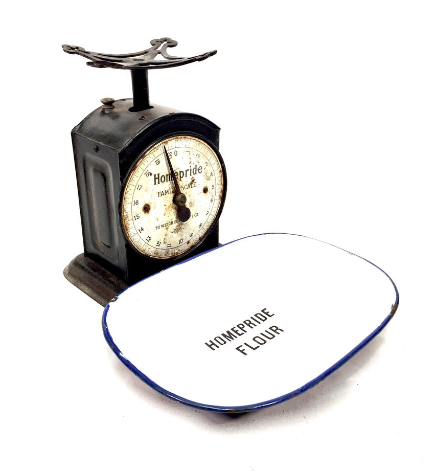 Antique Advertising - Cast Iron & Enamel Pan Homepride Kitchen Scales c.1930