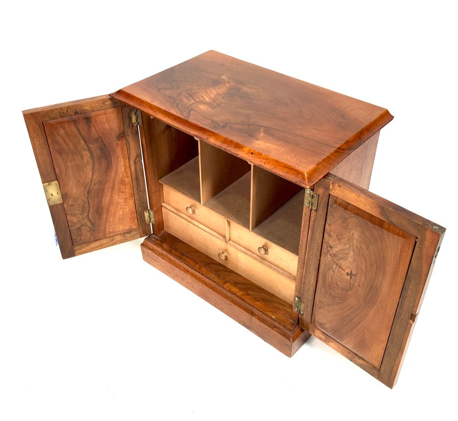 Antique Wooden Walnut Tabletop Cabinet Storage Box Desk Organiser & Key c.1930