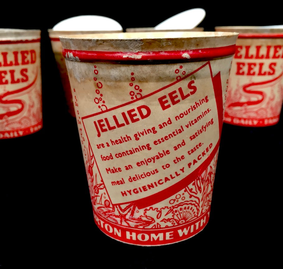 Antique Advertising - 1930s Six Waxed Paper Cartons with Lids for Jellied Eels