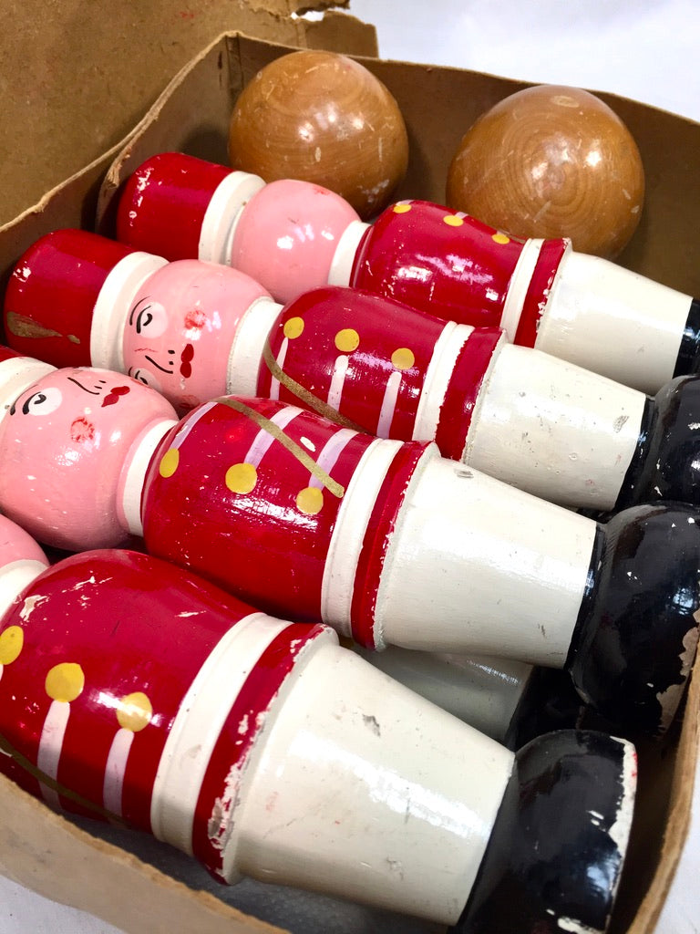 Antique Complete Set French Hand Painted Wooden Soldier Bowling Skittles & Balls