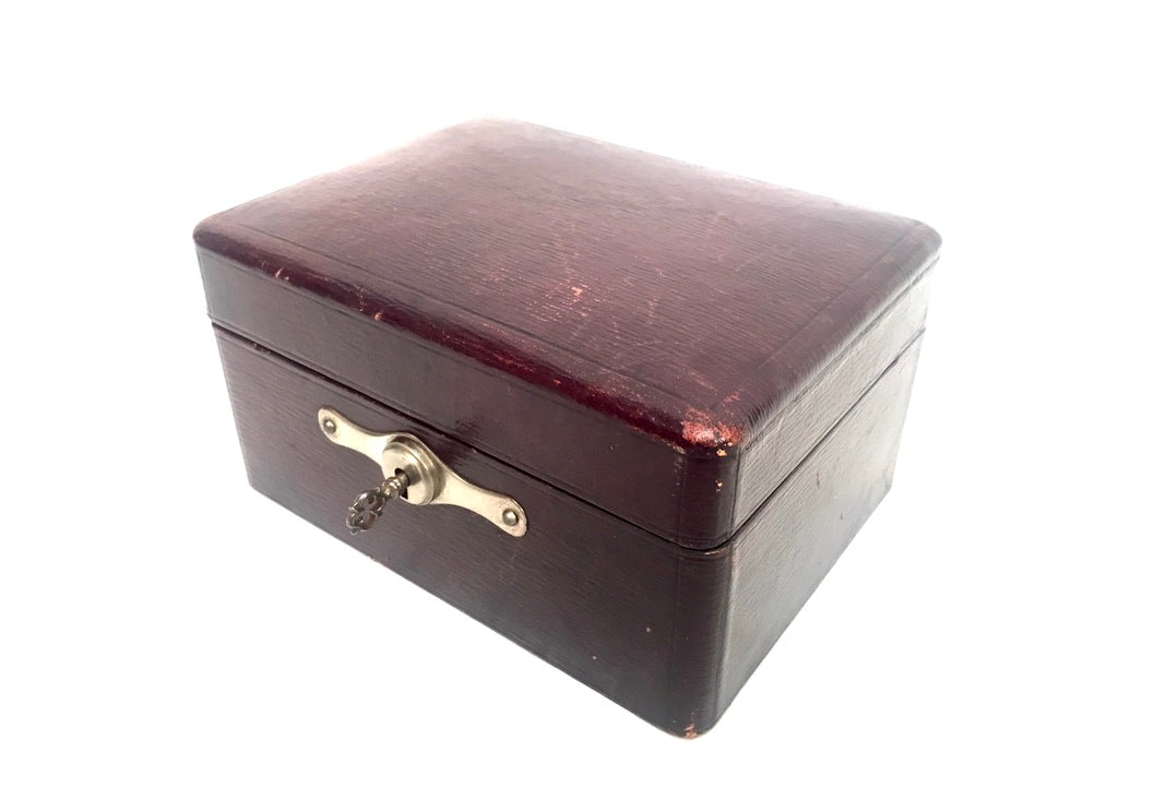 Antique Edwardian Leather Jewellery / Trinket Box with Key &amp; Working Lock c.1910