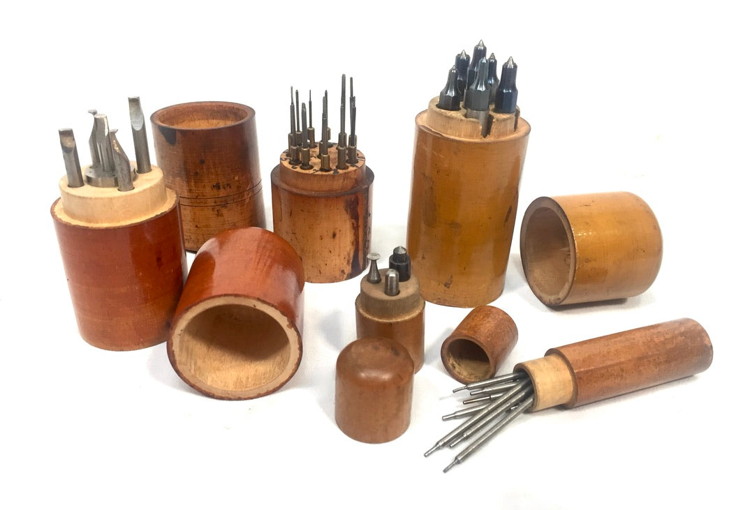 Antique Wooden Storage Cases with Various Steel Metal Punch Set Tools Wacthmaker