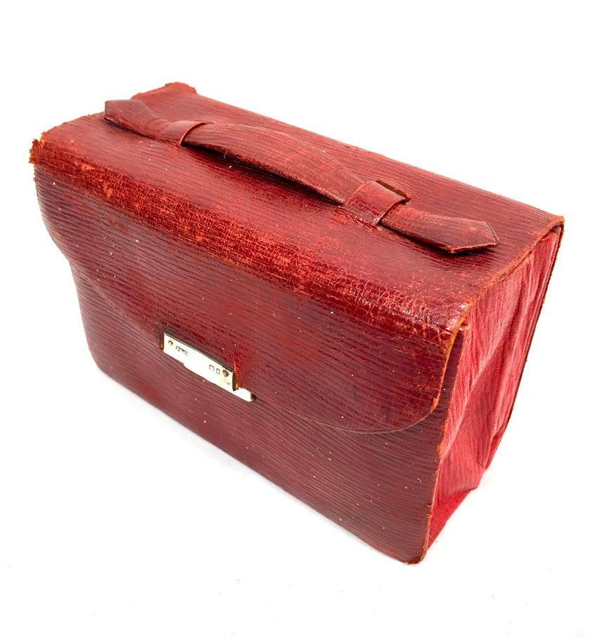 Antique Leather & Hallmarked Silver Travel Playing Card Case / Bag Game Storage