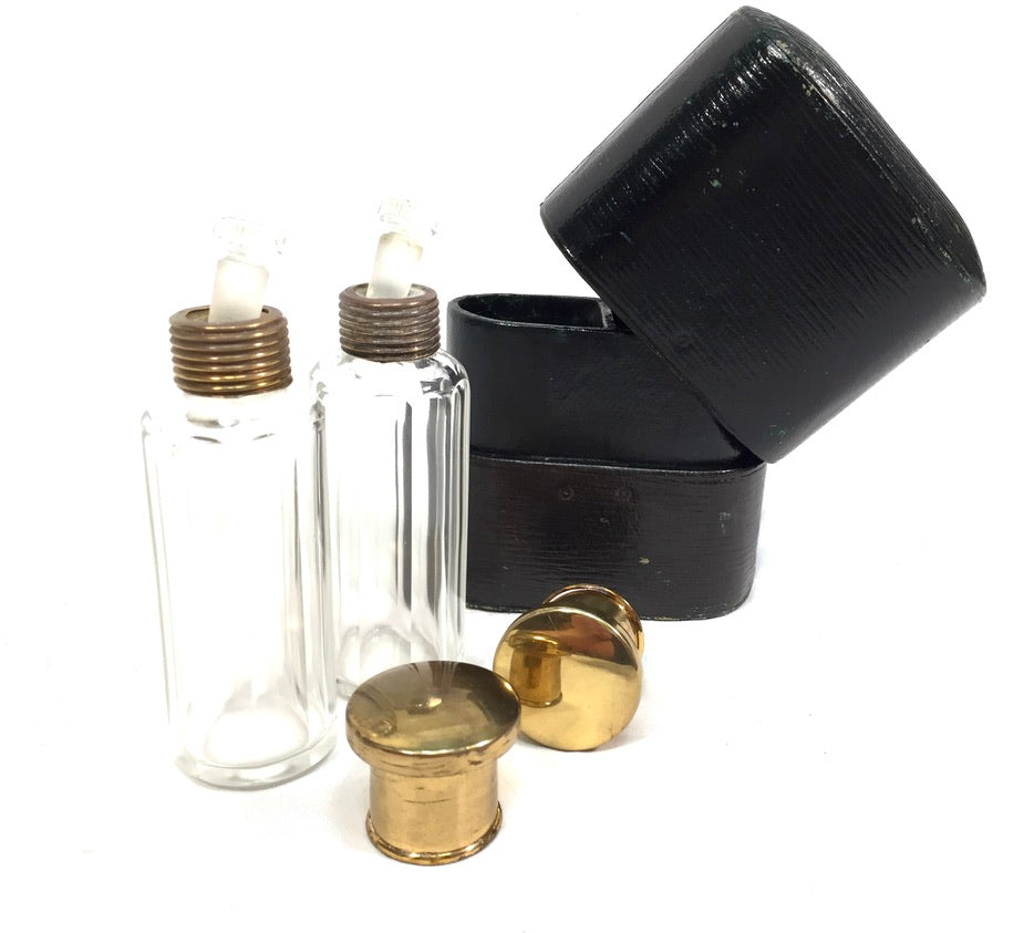 Antique Glass Fragrance / Perfume Scent Bottles in Leather Travel Case c.1930