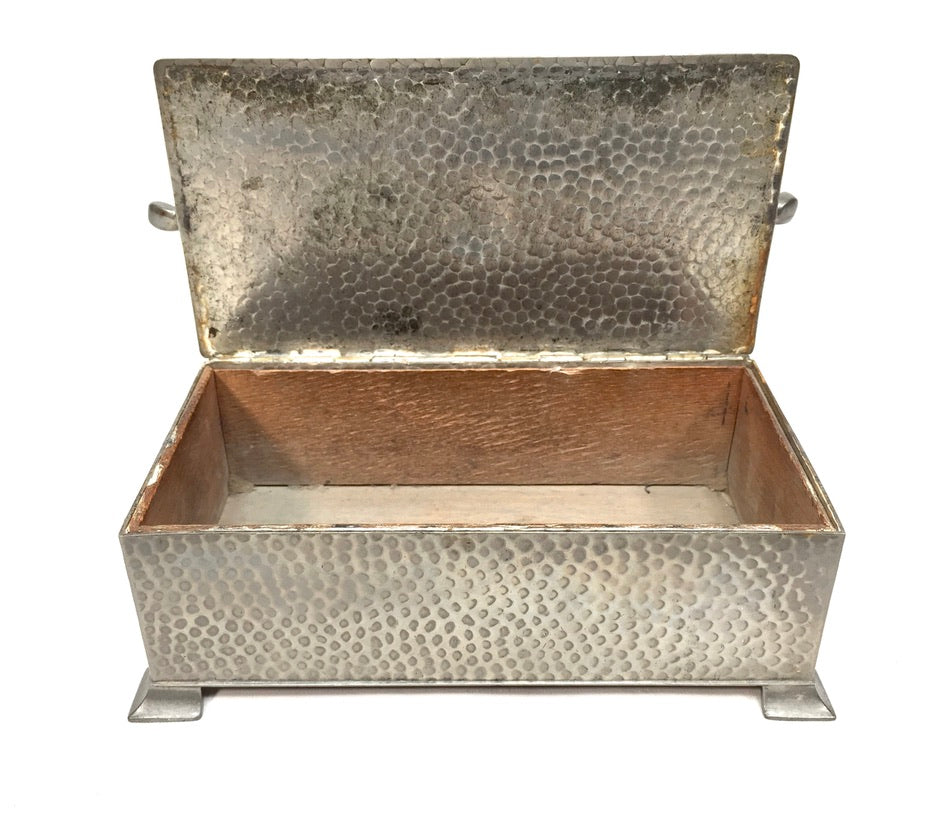 Antique English Pewter Art Deco Cigar Box Golf Ball & Clubs c.1930 Wood Lined