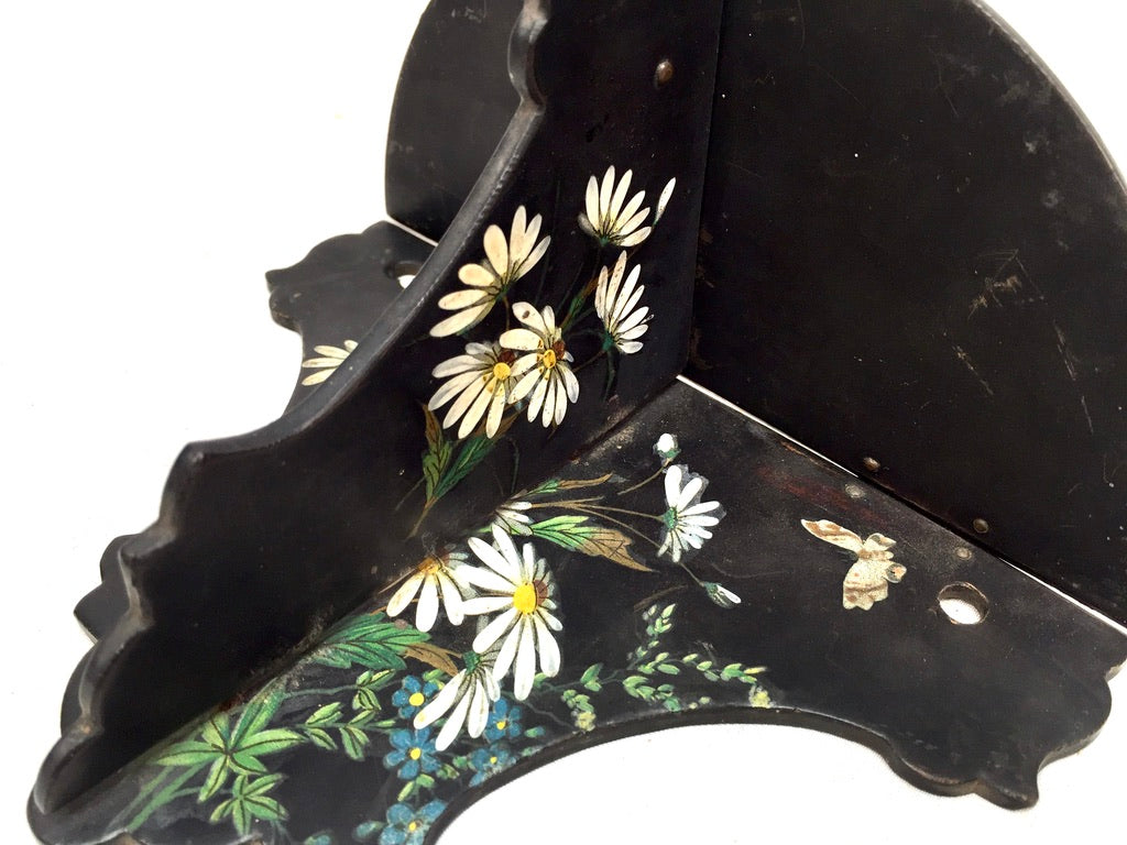 Antique Victorian Black Ebonised Wooden Hand Painted Folding Wall Shelf c.1900