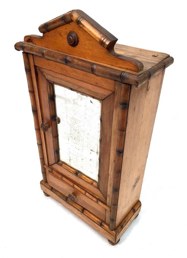 Antique Tabletop Wooden Bamboo & Pine Miniature Cabinet Cupboard / Mirror c.1930