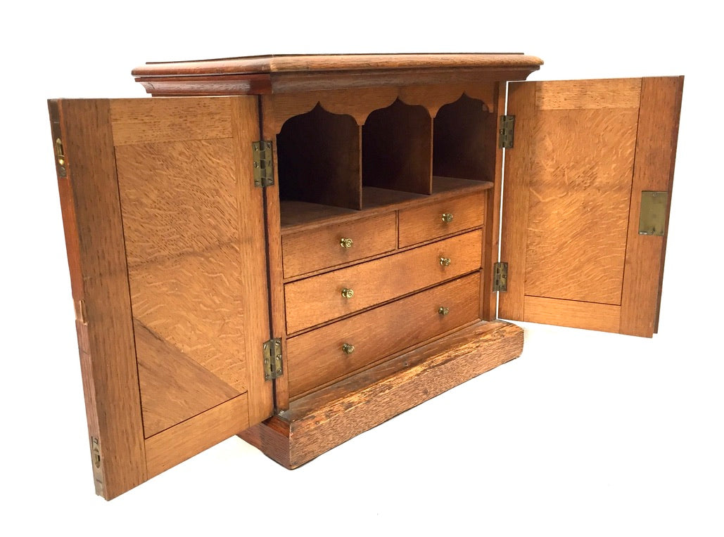Antique Tabletop Oak Wooden Desk Stationery Box / Cabinet / Cupboard c.1920 Key