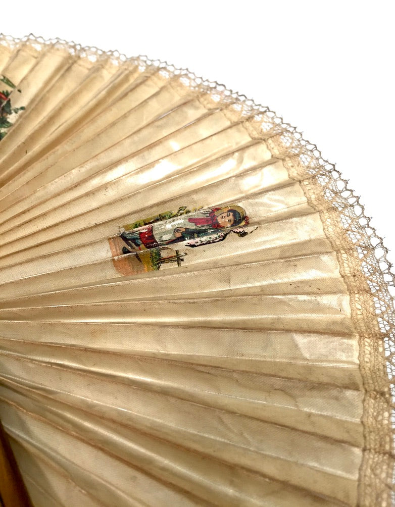 Antique Italian Sorrento Olive Wood & Paper Handheld Ladies Handbag Fan & Mirror
