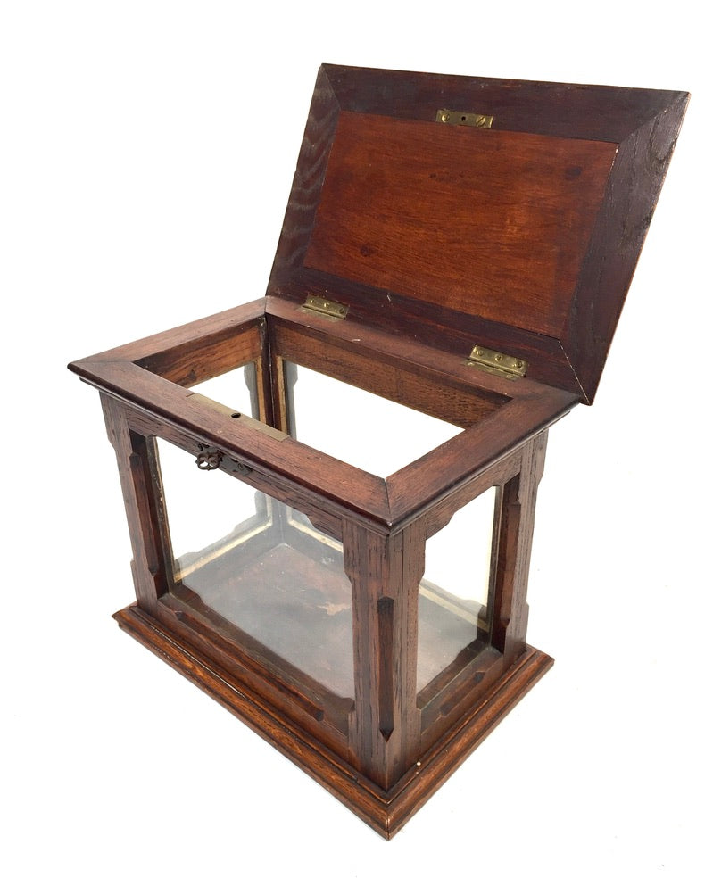 Antique Wooden Oak & Glass Display Box Cabinet / Checkerboard Inlaid Top c.1930