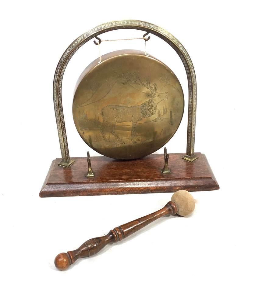 Vintage Tabletop Stag Design Brass Dinner Gong Oak Stand & Mallet Antique c.1950