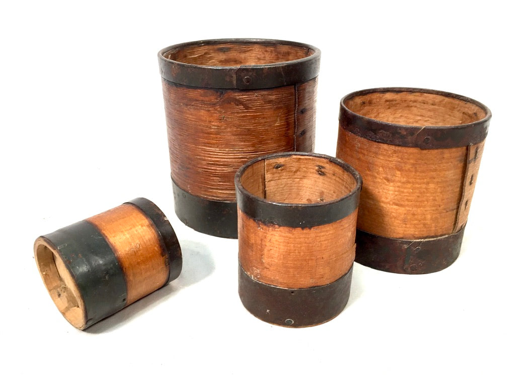 Antique Bentwood & Iron Set of 4 Grain Measuring Pots / Storage Cups c.1890