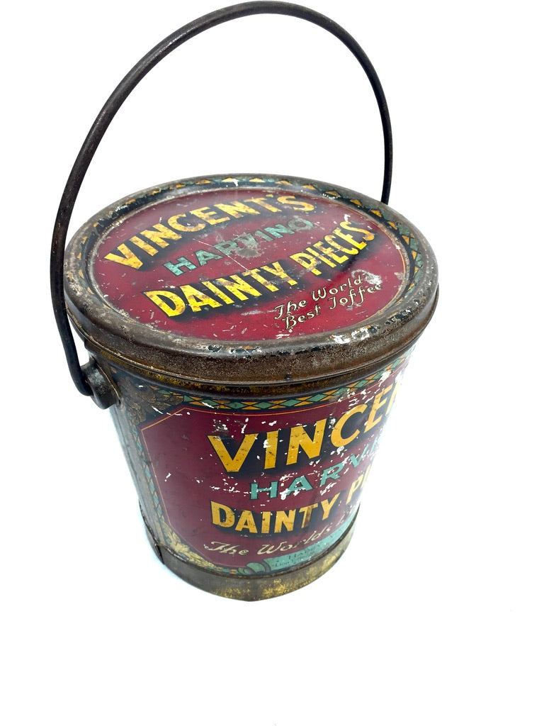 Antique Advertising 1920s Vincents Harvino Dainty Pieces Toffee Tin Bucket Shape